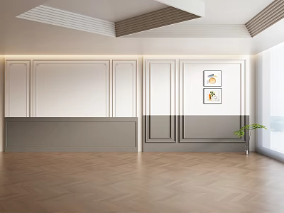 Modern Interior Space With Herringbone Floor Panelled Walls Artworks And Plant 3d model