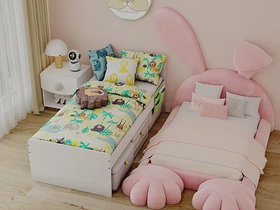 Cute Kids Bed With Rabbit Shaped Headboard Drawer Storage And Colorful Bedding Pillows 3d model