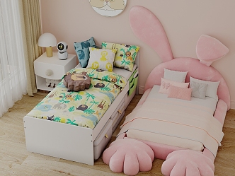 Cream wind children's bed bunny children's bedside table carpet lamp fabric 3d model