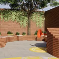 Brick Garden Landscape With Tree Steps Orange Circular Structures And Yellow Ground Patterns 3d model