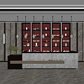 Modern Front Desk Reception Area With Stone Desk Decorative Wall Display Shelves And Hanging Lights