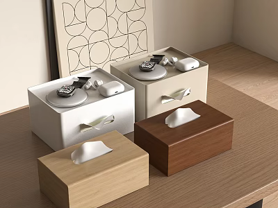 Minimalist Decorative Ornament Set With Wooden Tissue Boxes In Various Colors For Tabletop Decor 3d model