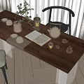 Wooden Tea Table with Glass Legs Gray Chairs Tea Set Open Book and Potted Plant