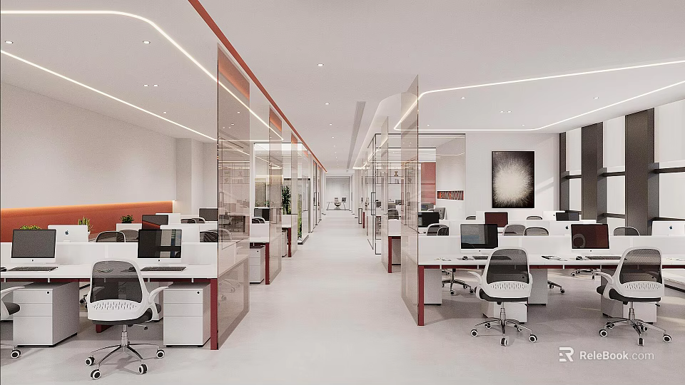 Modern Office Interior Design With Open Layout Glass Partitions Work Desks And Ergonomic Chairs 3d model 