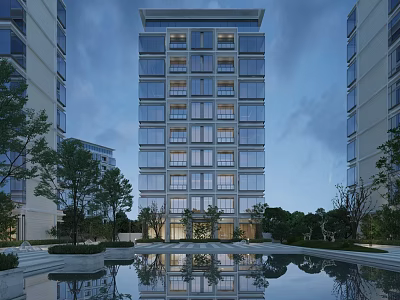 Modern High Rise Residential Building With Glass Curtain Walls Pool Trees Reflection And Evening Lighting 3d model