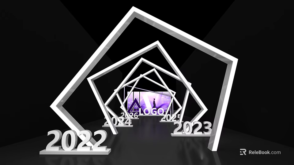 Event Entrance With Geometric Frames And 2022 2023 2024 Numbers Purple Lighting 3d model 