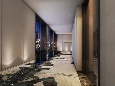 Elegant Modern Hotel Corridor With Textured Walls Patterned Carpet And Recessed Lighting 3d model