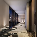 Elegant Modern Hotel Corridor With Textured Walls Patterned Carpet And Recessed Lighting