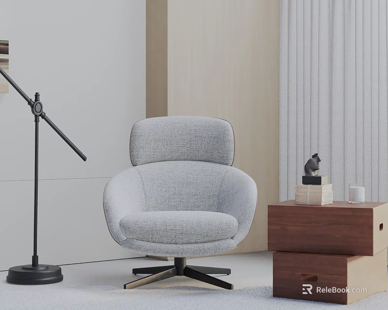 Gray Upholstered Accent Chair With Swivel Base And Floor Lamp Wooden Side Table 3d model 