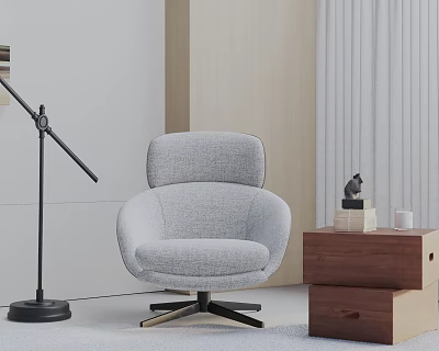 Gray Upholstered Accent Chair With Swivel Base And Floor Lamp Wooden Side Table 3d model