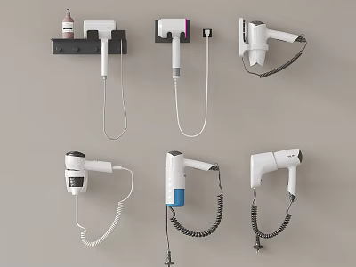 Various Styles Of Wall Mounted Hair Dryers With White And Black Designs For Home Bathroom 3d model
