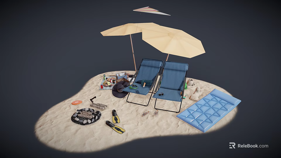 Colorful Beach Items With Blue Chairs Yellow Umbrella Inflatable Mat And Sandals 3d model 