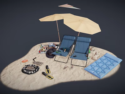 Colorful Beach Items With Blue Chairs Yellow Umbrella Inflatable Mat And Sandals 3d model
