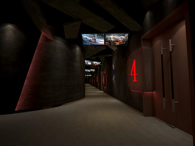 Dark Modern Cinema Hallway Interior With Red Number 4 Entrance And Screen Displays 3d model