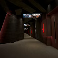 Dark Modern Cinema Hallway Interior With Red Number 4 Entrance And Screen Displays