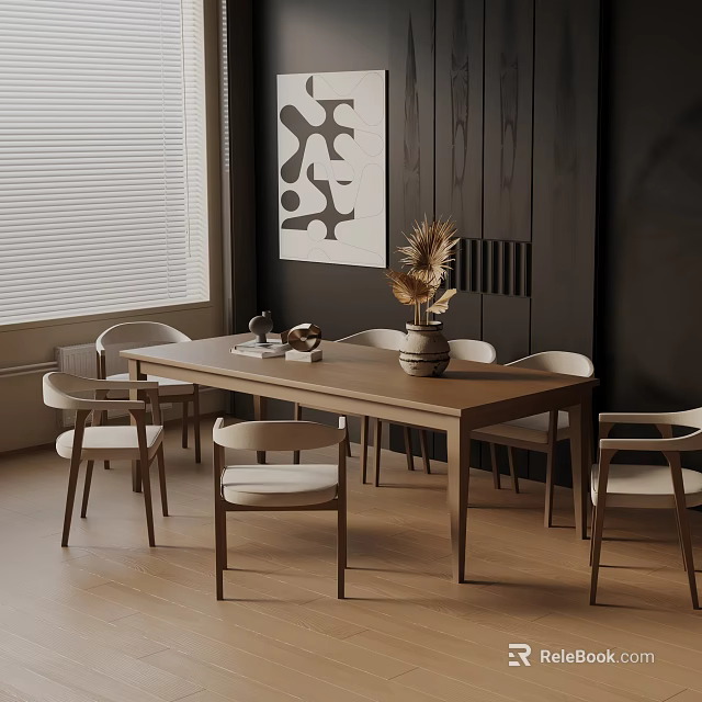 Modern Wooden Dining Table Set With Chairs Decorative Vase And Wall Art In Light-Filled Room 3d model 