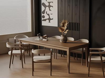 Modern Wooden Dining Table Set With Chairs Decorative Vase And Wall Art In Light-Filled Room 3d model