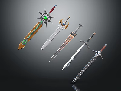 Stylish Decorative Swords Featuring Green Gem Chain Golden Details And Unique Designs 3d model