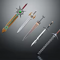 Stylish Decorative Swords Featuring Green Gem Chain Golden Details And Unique Designs