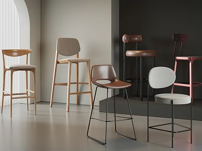 Modern Bar Stools In Various Designs With Wooden And Metal Frames 3d model