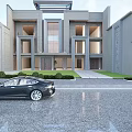Modern Detached Villa Exterior Design With Gray Facade Large Windows And Front Lawn