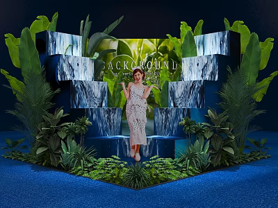 Floral Art Installation With Green Plants Waterfall Effect Backdrop And Steps 3d model