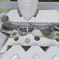 Modern Commercial Street With Curved Architecture Water Feature And Open Plaza