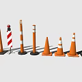 Various Sizes Of Orange Traffic Cones And Striped Warning Posts For Road Safety Equipment