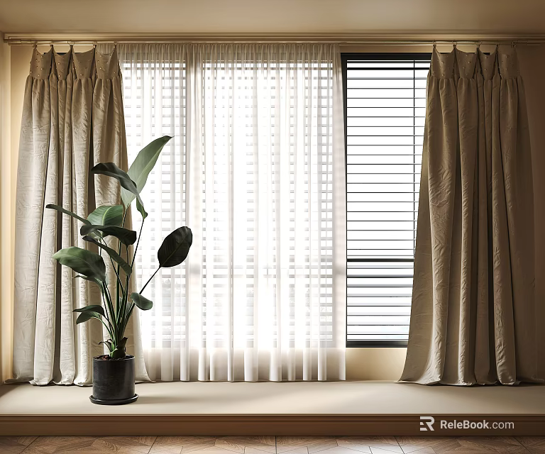 Thick Beige Curtains With White Blinds And Green Plant On Window Sill 3d model 