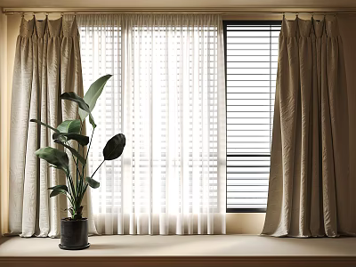 Thick Beige Curtains With White Blinds And Green Plant On Window Sill 3d model