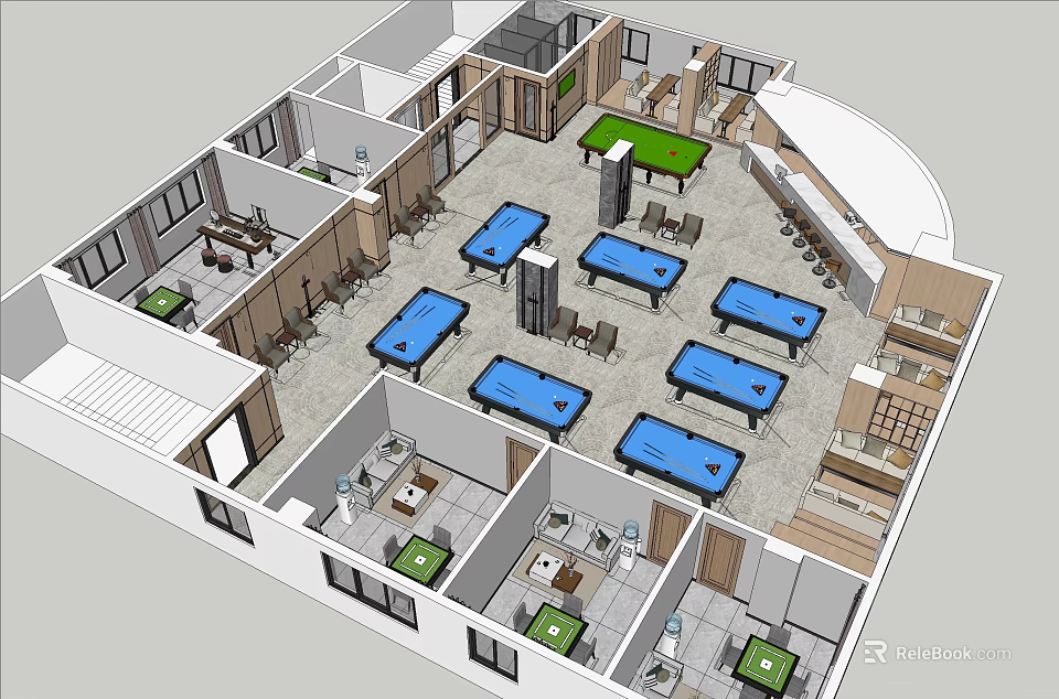 Spacious Billiard Room Interior Design With Multiple Tables And Seating Areas 3d model 