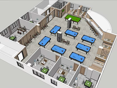 Spacious Billiard Room Interior Design With Multiple Tables And Seating Areas 3d model
