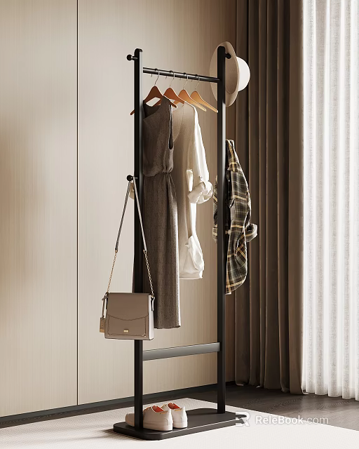 Modern Clothes Hanger With Dress Shirt Plaid Coat And Handbag Near Curtains 3d model 