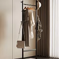 Modern Clothes Hanger With Dress Shirt Plaid Coat And Handbag Near Curtains