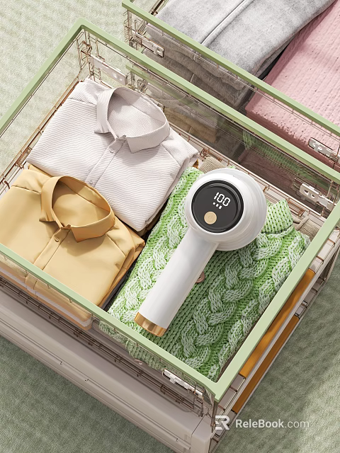 Transparent Drawer with Folded White Yellow Shirts Green Sweater and Handheld Garment Steamer Display 100 3d model 