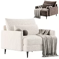 Modern Beige Fabric Single Sofa With Round Pillows Fringed Throw Blanket And Black Metal Legs