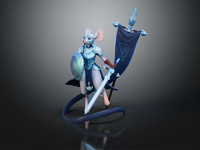 Mouse Warrior Character Wearing Blue Armor Holding Shield Sword And Banner 3d model