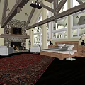Comfortable Modern Hotel Room Interior With King Bed Wooden Beams And Large Windows