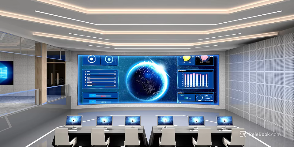 Modern Monitoring Room With Large Display Screen Data Visualization And Multiple Monitors 3d model 