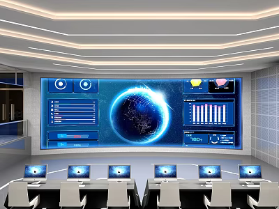 Modern Monitoring Room With Large Display Screen Data Visualization And Multiple Monitors 3d model