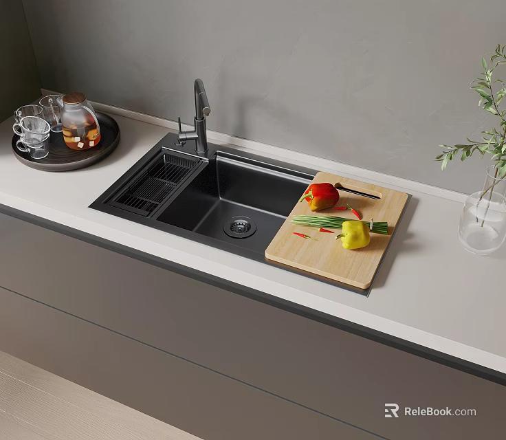 Modern Black Kitchen Sink With Wooden Cutting Board And Fresh Bell Peppers 3d model 
