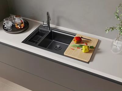 Modern Black Kitchen Sink With Wooden Cutting Board And Fresh Bell Peppers 3d model