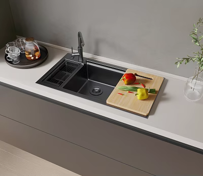Modern Black Kitchen Sink With Wooden Cutting Board And Fresh Bell Peppers 3d model