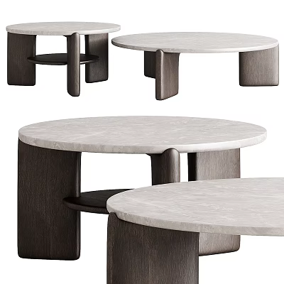 Modern Round Coffee Table Design With Marble Top And Dark Wooden Frame 3d model