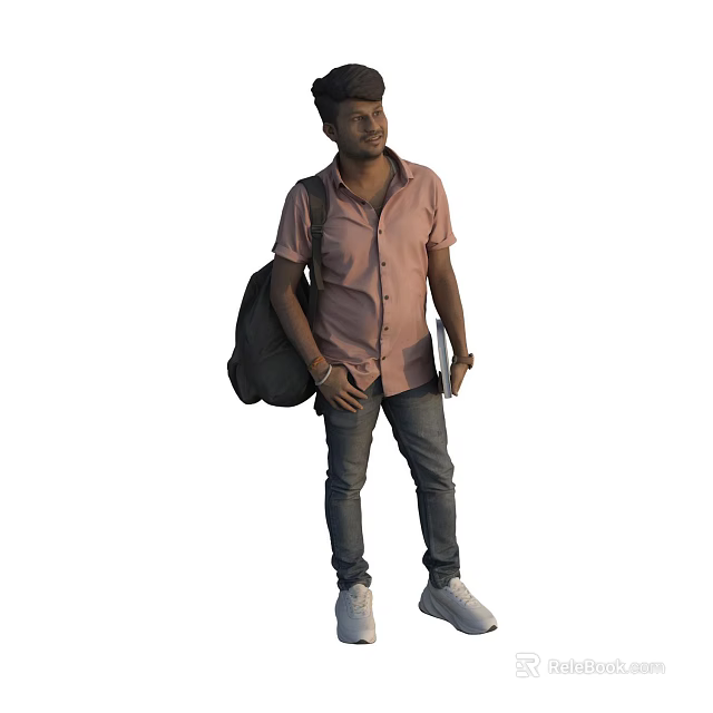 Man with black backpack wearing pink shirt dark jeans and white sneakers 3d model 