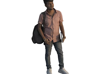 Man with black backpack wearing pink shirt dark jeans and white sneakers 3d model
