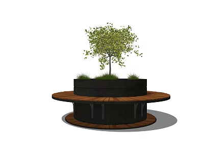 Round Wooden Outdoor Chair In Garden With Central Tree And Green Plants 3d model
