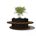 Round Wooden Outdoor Chair In Garden With Central Tree And Green Plants