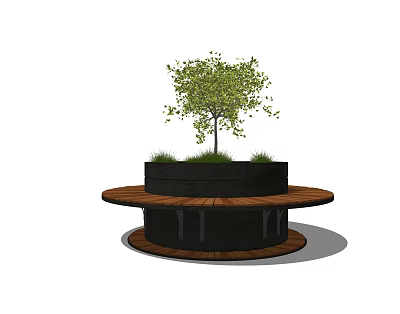 Round Wooden Outdoor Chair In Garden With Central Tree And Green Plants 3d model