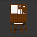 Traditional Wooden Writing Desk With Glass Door Cabinet Drawers And White Cushioned Stool